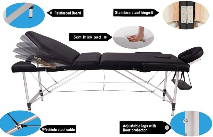 Portable Massage Bed Table - 3-Section Aluminum Foldable Beauty Couch for Reiki Therapy Treatment Salon Healing - Metal Headrest Support/With Carry Bag (Black)