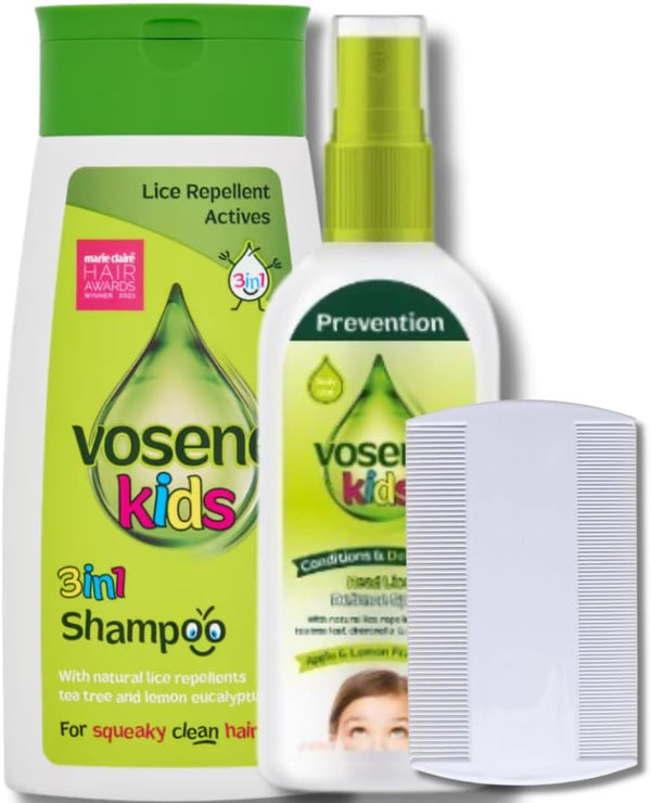 Vosene Head Lice Repellent Bundle – Kids 3-In-1 Head Lice Repellent Shampoo (250Ml), Leave-In Conditioning Repellent Spray (150Ml) & Nit Comb – Natural Lice Protection with Tea Tree & Citronella Oils