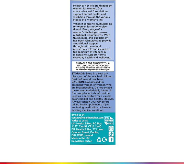 Health & Her Multivitamin for Women with Monthly Natural Cycles - Supplements for Women - Nutrition and Wellbeing Support for Menstrual Cycle - 1 Month Supply, 60 Tablets - Vegan & Gluten Free