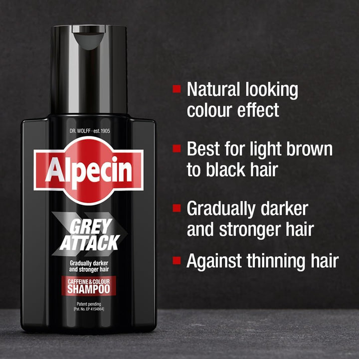 Grey Attack Caffeine & Colour Shampoo for Men 1X 200Ml | Gradually Darker and Stronger Hair | Controlled & Natural Looking Colour Effect for Less Greys | against Thinning Hair