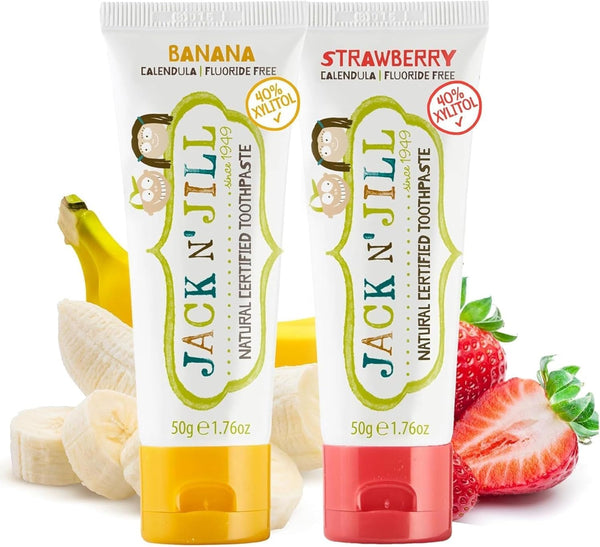 Jack N’ Jill Natural Certified Kids Toothpaste – Fluoride-Free Toddler & Baby Toothpaste with 40% Xylitol, No Sugar, Suitable from 6 Months+, Banana & Strawberry Flavour, Pack of 2 (50G Each)