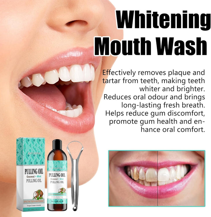 Whitening Mouthwash - Coconut Mint Extraction Oil for Stains and Gum Health | See before and after Results | Alcohol-Free Set with Tongue Scraper (100Ml)
