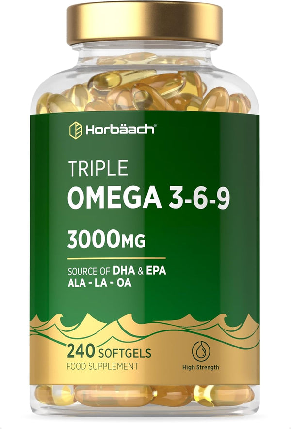 Triple Omega 3 6 9 Capsules 3000Mg ALA, LA & OA | 240 Softgels | High Strength EPA & DHA Essential Fatty Acids | Supplement with Fish Oil, Flaxseed & Sunflower Oil | by