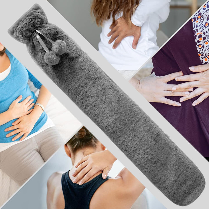 Hot Water Bottle  Extra Long Lilac Hot Water Bottle with Super Soft Fleece Cosy Cover Large Hand Feet Warmer, Neck and Shoulder Pain Relief