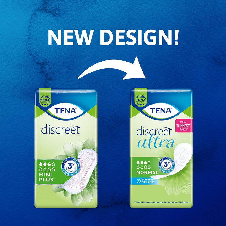 TENA Discreet Ultra Mini, 120 Incontinence Pads (20 X 6 Packs) Individually Wrapped, for Women with Light to Medium Bladder Weakness, Incontinence and Unpredictable Drips (Packaging May Vary)