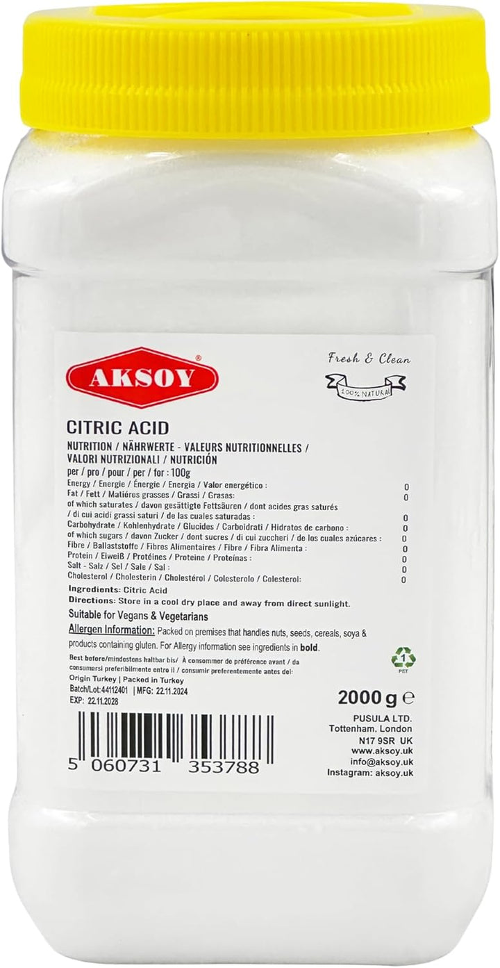 Citric Acid Food Grade 2KG Jar || Non-Gmo, Anhydrous, Make Your Own Bathbomb, No Additives, Sour Drinks, Household Cleaning with Citric Acid Powder