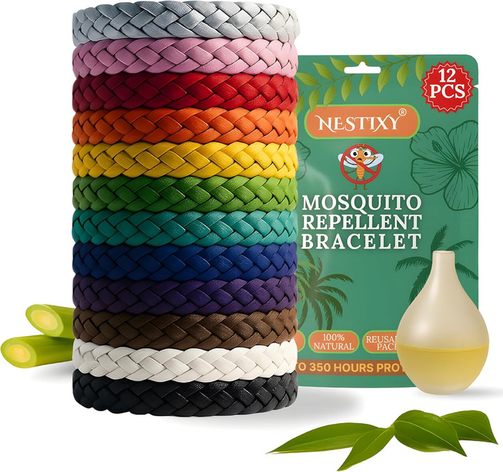 Mosquito Repellent Bracelet 12 Pcs, Adjustable Leather Band, Deet Free Travel Essentials, Insect Repellent Bracelet - 350 Hours Mosquito Repellent, Natural Anti-Mosquito Suitable for All Ages.