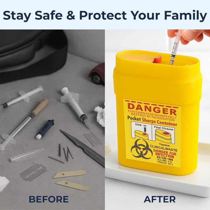 Travel Sharps Bin Mini 4 Container Pack - Small Sharps Box for Needles, Lancets, Razor Blades - Portable Clinical Waste Bin Ideal for Travel, Work, Home - 4 Yellow Needle Disposal Box Size 0.2L Each