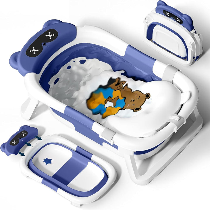 Baby Bath Tub Foldable, Baby Bathtub Collapsible Essentials for Newborn with Soft Cushion (0-18Months), Baby Shower for Infant to Toddler Gift Portable Space-Saving Travel,Grey