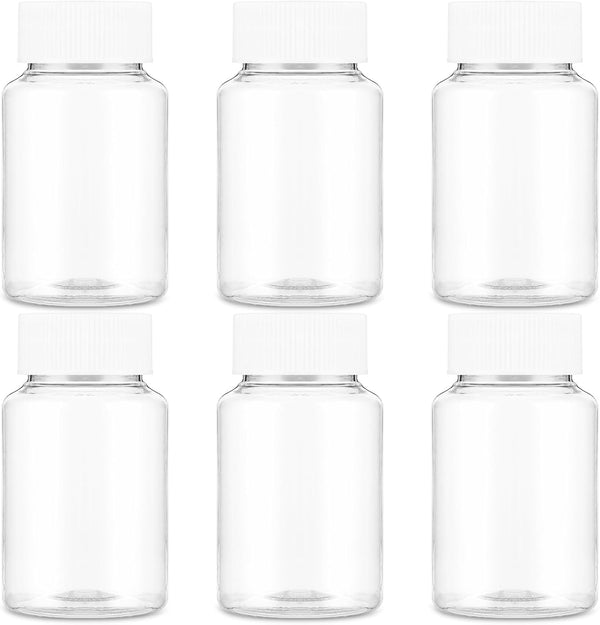 Clear Pill Bottle 6 Pcs Empty Medicine Organizers 150ML Jar Powder Box Storage Transparent Reagent Containers Plastic Dispenser Leak Proof Caps Receptacle for Toiletries Counter Labels