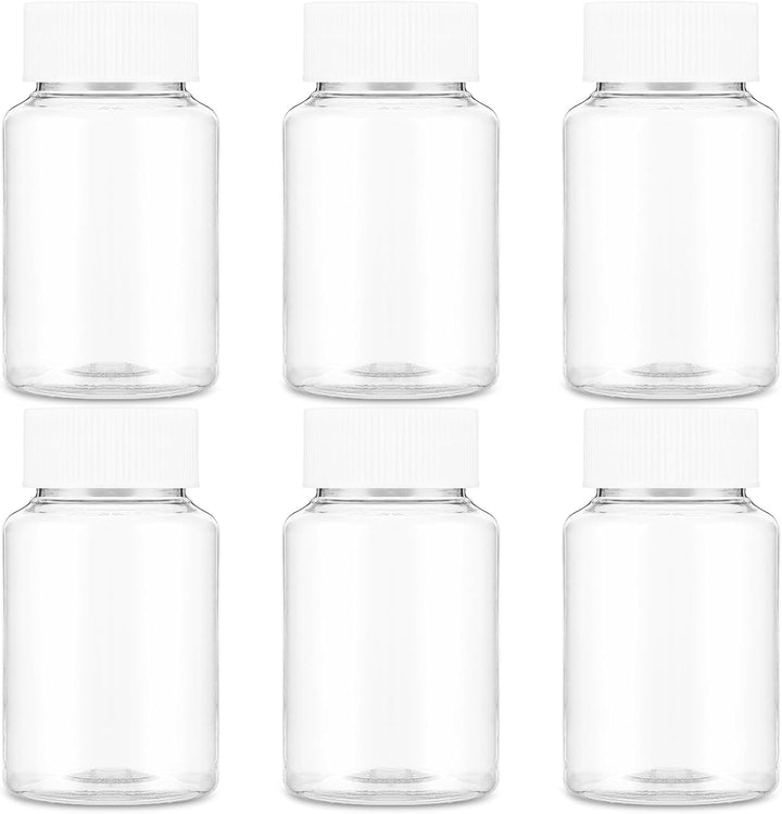 Clear Pill Bottle 6 Pcs Empty Medicine Organizers 150ML Jar Powder Box Storage Transparent Reagent Containers Plastic Dispenser Leak Proof Caps Receptacle for Toiletries Counter Labels