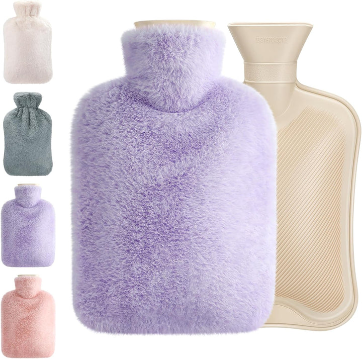 Hot Water Bottle with Fleece Cover, 2L Bag for Cold & Hot Therapy, Fluffy for Back Neck Pain Relief for Adult Kids