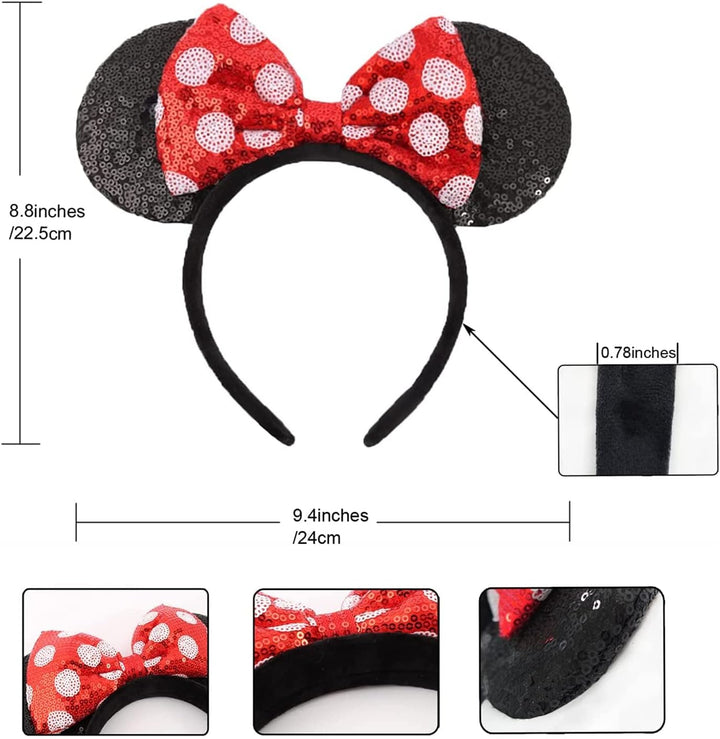 Mouse Ears Bow Headbands Shiny Bows Glitter Party Decoration Cosplay Costume for Kids Girls Women Princess Party Decorations Cosplay (Black+Red))