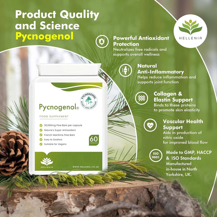 Pycnogenol® French Maritime Pine Bark Extract - 60 Capsules | Providing Naturally Powerful Bioflavonoids | High Bioavailability Pycnogenol | Suitable for Vegans - Made in the UK by