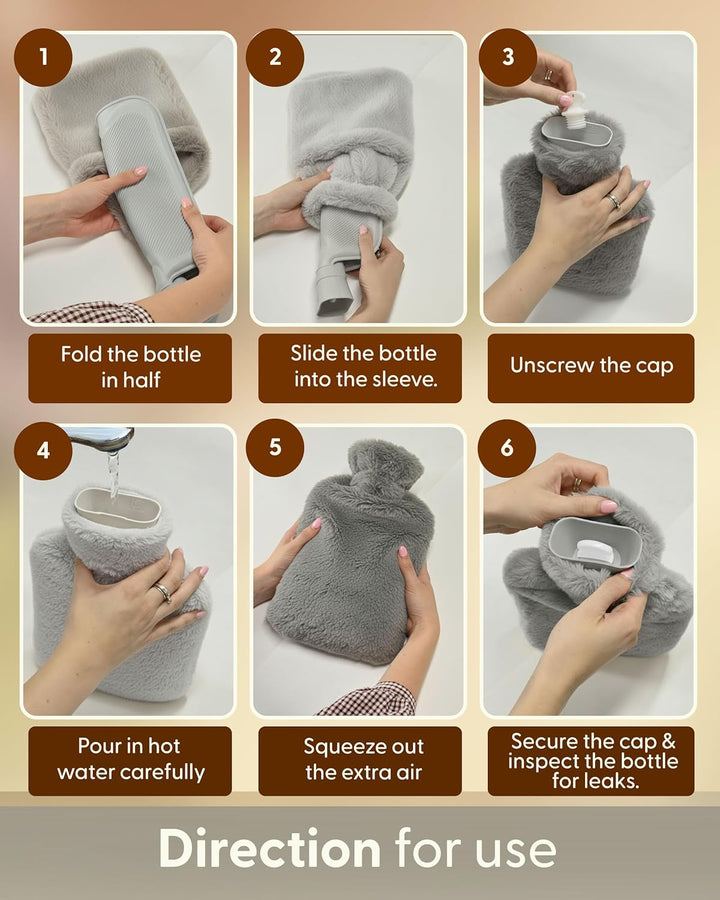 Hot Water Bottle 2L with Soft Faux Fur Cover, Leakproof Natural Rubber, Long Lasting Warmth for Neck, Back & Hands, Fluffy Cosy Design for Men & Women, Winter Comfort - Grey