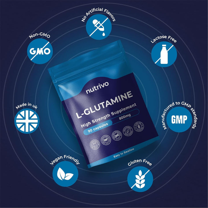 L-Glutamine 800Mg Capsules | 90 Capsules per Pouch | L-Glutamine Nutritional Supplements | Supports Muscle and Gut Health | Good Alternative to Powder and Tablets | Vegan & UK Made