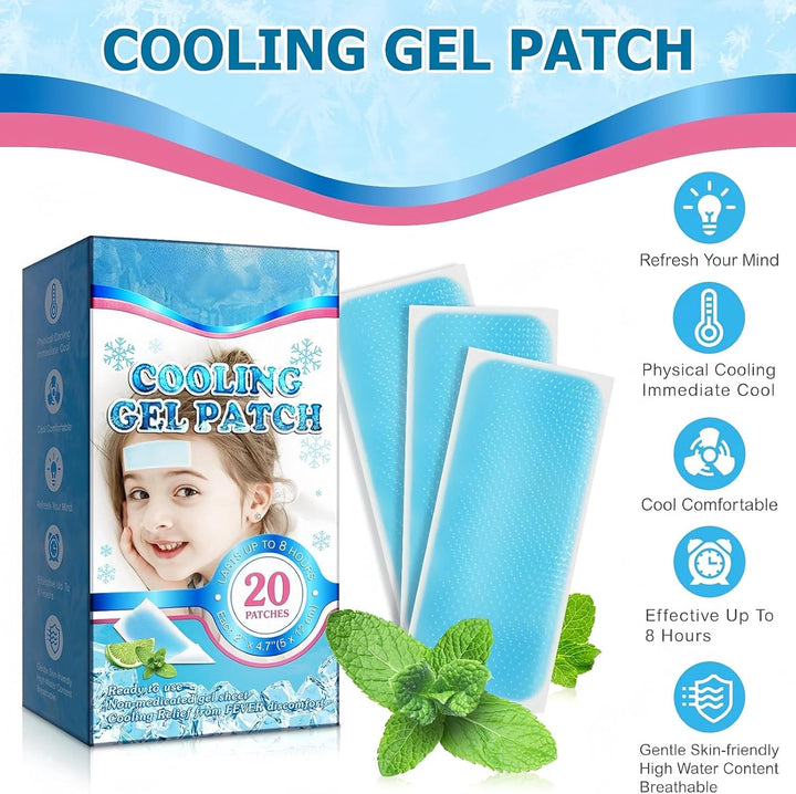 20 Sheets Cooling Gel Patch, Forehead Fever Cool Pads, Instant Cooling Comfort Forehead Patches for Kids & Adults, Cooling-Forehead Strips Help Relieve Headaches, Migraine & Sunstroke