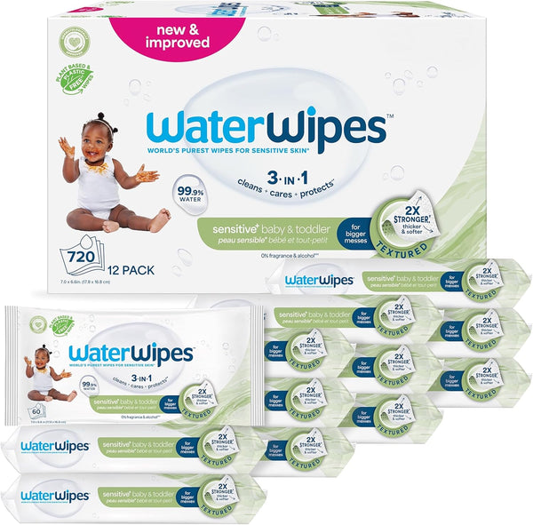 Sensitive+ Baby & Toddler Wipes, 720 Count (12 Packs), 3-In-1 Cleans, Cares, Protects, 99.9% Water, Textured Clean, Unscented