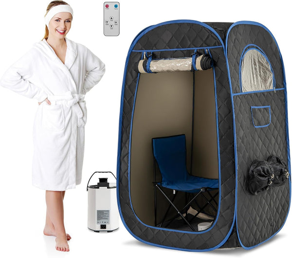 Portable Steam Sauna, Full Size Home Personal Sauna Tent with 3L 1000W Steamer, Remote Control, Folding Chair, Foot Massager Board, Foldable Full Body Steam Spa (Black)