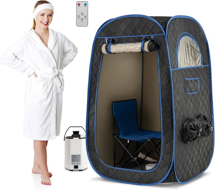 Portable Steam Sauna, Full Size Home Personal Sauna Tent with 3L 1000W Steamer, Remote Control, Folding Chair, Foot Massager Board, Foldable Full Body Steam Spa (Black)