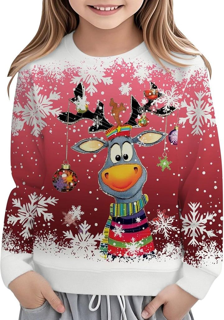 Festive Reindeer Print Girls Long Sleeve Crewneck Sweatshirt for Holiday Cozy Casual Pullover Top Kids