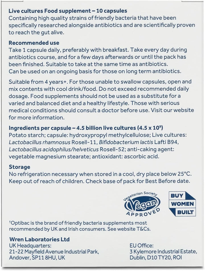 for Those on Antibiotics - Vegan Digestive Probiotic Supplement - Lactobacillus Specifically Researched Alongside Antibiotics - Most Recommended Brand - 10 Capsules