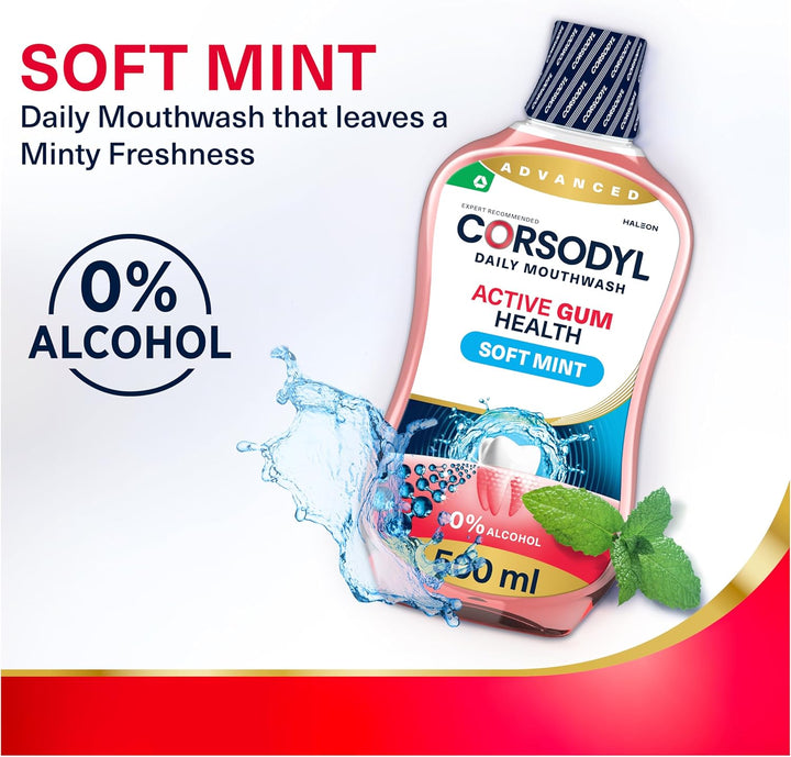 Mouthwash Daily Active Gum Health, Fluoride Mouthwash, Alcohol Free, Soft Mint, 500Ml