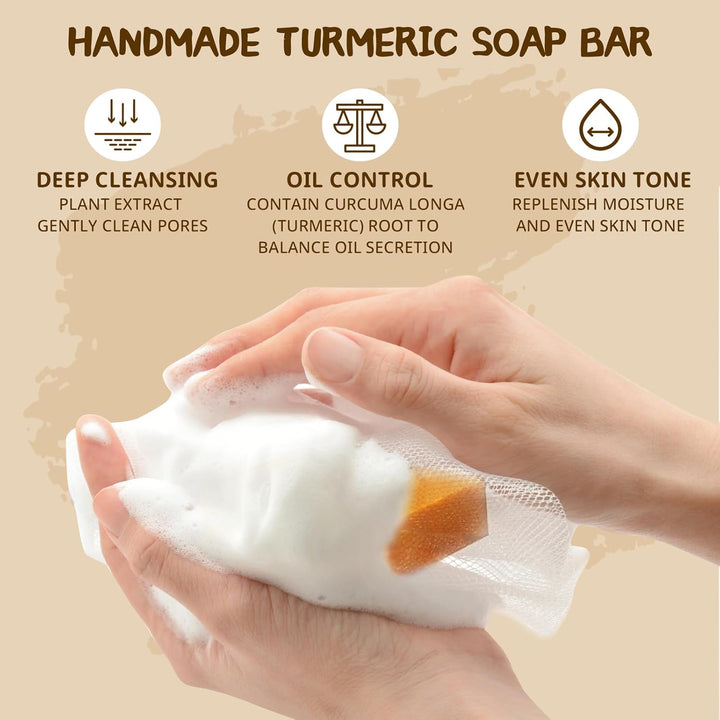 2PCS Turmeric Soap Bar, Natural Handmade Kojic Acid Soap for Face & Body, Dark Spot Acne Blackheads Remover for Even Skin Tone, Moisturizing Erase Fine Lines, Gentle Vitamins C Soaps with Foaming Nets
