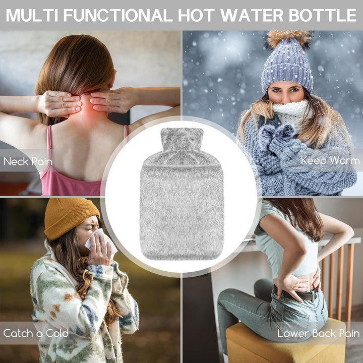 Hot Water Bottle with Luxury Cosy Faux Fur Cover UK, 2L Leakproof Hot Water Bag for Neck, Shoulder Pain and Hand Feet Warmer (Grey)