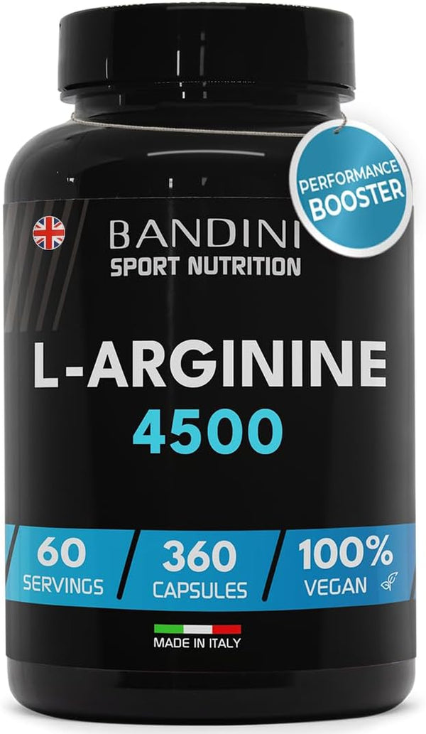 ® L-Arginine 360 Capsules - 4500 Mg High Dosage - Caps with Pure L Arginin HCL Powder - Natural Food Supplement - No Additives, Vegan - Ideal for Athletes - Italian Quality