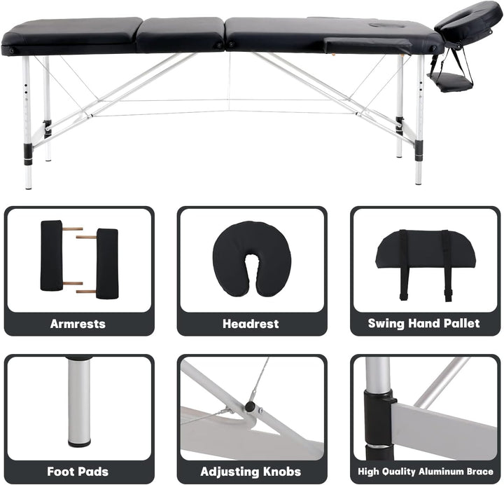 Portable Massage Table Folding Lightweight Beauty Salon Spa Bed Therapy Couch (Black, 60Cm Width 3 Section Aluminum)