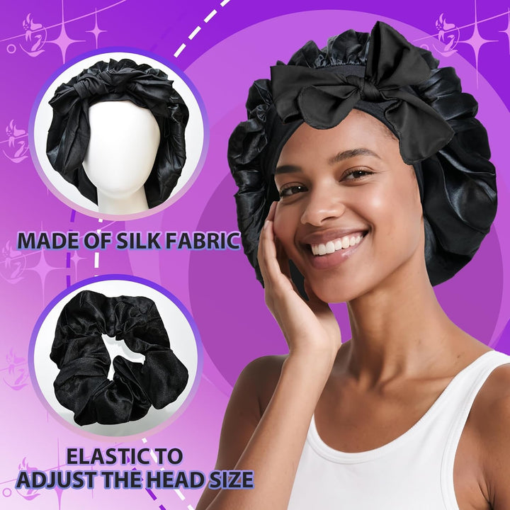Silk Hair Bonnet for Sleeping with Hair Bobbles, Silk Bonnets for Women with Elastic Band, Hair Care Head Cover Hat for Women Girls Long, Straight, Curly Hair