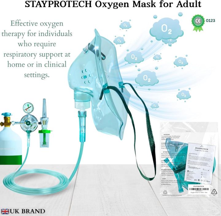 Oxygen Mask with 2.1M Long Tubing, Boosts Oxygen & Enhances Oxygen Therapy, Comfortable Fit, Adjustable Strap & Soft PVC Material. Oxygen Mask for Home Use, (Adult Size)