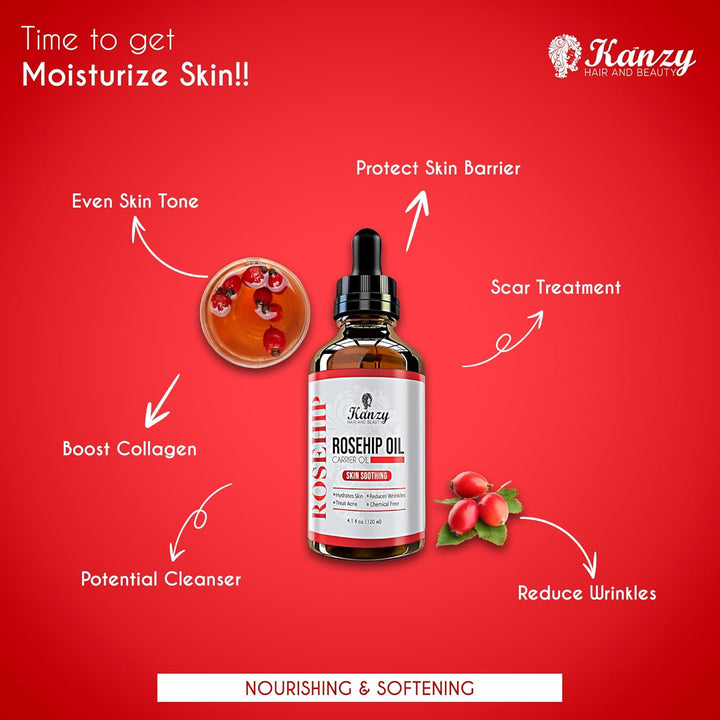 Kanzy Rosehip Oil for Face 120Ml Rosehip Oil Organic Cold Pressed Rose Hip Oil for Face 100% Pure Vegan Cruelty Free for Skin, Hair, Nails, and Body for Nourishment, Dryness, Fine Lines and Scars