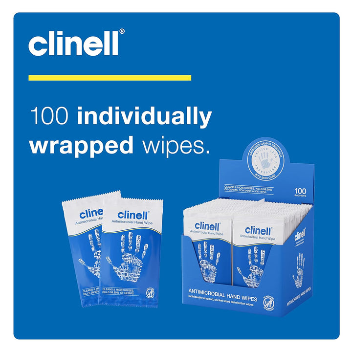 Antimicrobial Hand Wipes - Pack of 100 Individually Wrapped Sachets - Sanitising Wipes, Ideal for Travel - Dermatologically Tested, Kills 99.99% of Germs