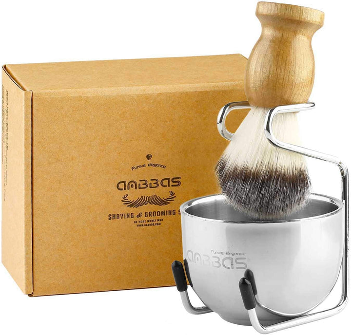 Pure Badger Shaving Brush with Wood Handle,Stainless Steel Shaving Stand and Shaving Soap Bowl Perfect for Men Wet Shave
