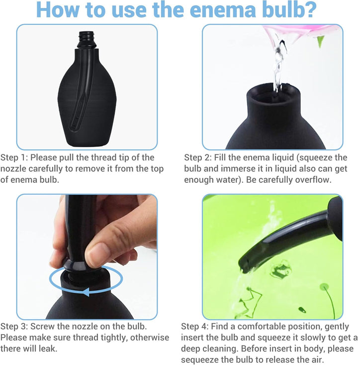 10Oz Silicone Enema Bulb Kit for Men Women Colon Cleaning Comfortable Coffee Enemas Shower Head 4.8' Tips (Black)