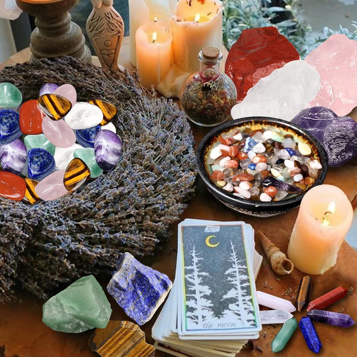 Healing Crystal for Beginners 7 Chakra Crystal Set,23 Pcs Healing Crystal Wiccan Reiki Gift,3 Types of Gemstones,Natural Gemstones,Raw Stones,Crystal Gravel with Instruction