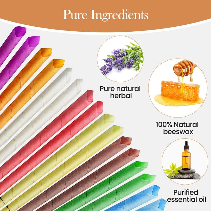 Ear Candles,  Hopi Ear Candles All Natural Beeswax Canding Cones Ear Wax Remover Candles 100% Non-Toxic Cylinders Fragrance Hollow Cone Candles With(8 Colours)+8 Protective Disks