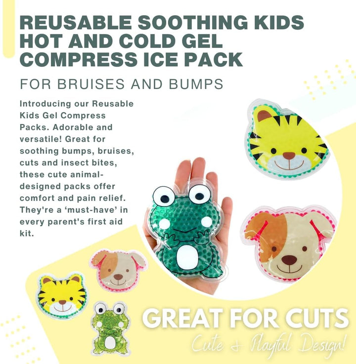 Reusable Soothing Kids Hot and Cold Gel Compress Ice Pack for Bruises and Bumps, Cool Packs for Injuries, First Aid, Pain Relief, Headache, Cuts & Insect Bites - 3 Cute Animal Packs