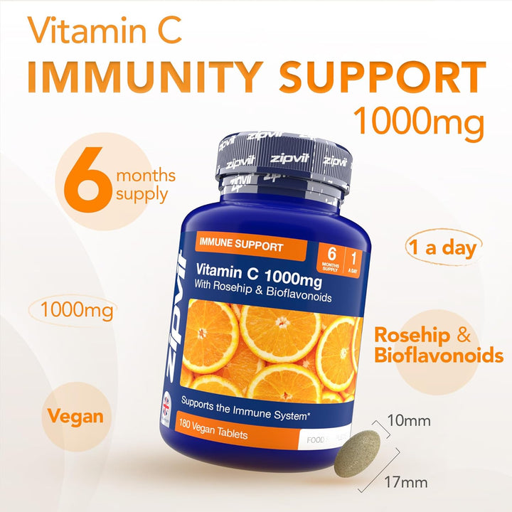 Vitamin C 1000Mg, 180 High Strength Vitamin C Tablets with Rosehip & Bioflavonoids, Vegan VIT C Supplement, Supports the Immune System and Reduction of Tiredness and Fatigue