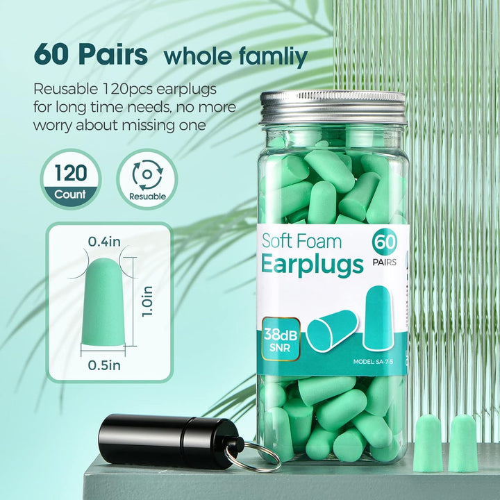 Ultra Soft Foam Earplugs, Noise Cancelling Earplugs for Sleeping, 38Db Highest SNR, One Size Fits Virtually Every Wearer for Snoring, Studying, Travel, Motorcycle, Loud Noise Etc 60 Pair- Mint Green