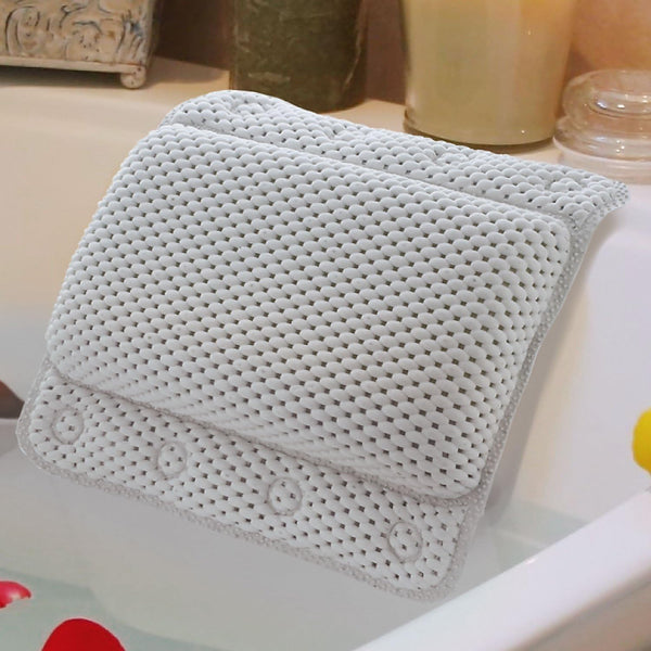Bathtub Pillow, Luxury Relaxing White Soft Non Slip Cushioned Bath Pillow Waterproof Home Spa Headrest Cushion with 8 Slip Resistant Suction Cups (White)