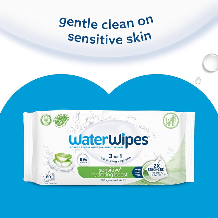 Sensitive+ Hydrating Boost Wipes, 360 Count (6 Packs), 3-In-1 Cleans, Cares, Hydrates, 99% Water with Aloe Vera, Unscented Baby Wipes