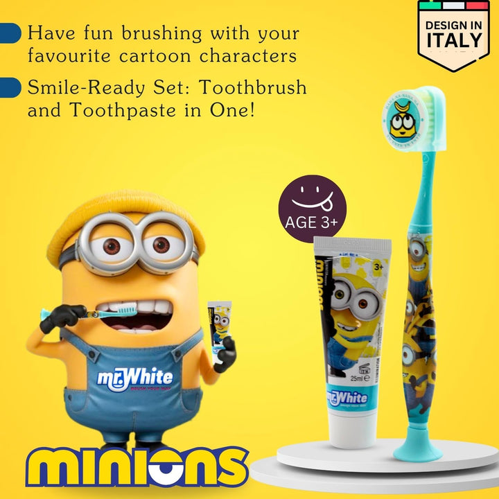 Minions Kids Toothbrush Travel Set – Includes Strawberry-Flavoured Toothpaste & Soft-Bristle Toothbrush with Suction Cup & Protective Cap | Travel-Friendly Oral Care Kit for Children Ages 3+