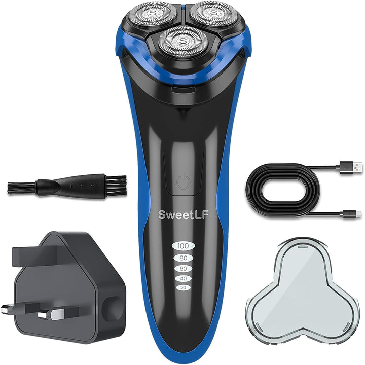 Electric Razor for Men, 120 Min Shaving, Fast UK Adapter (1H Charging),100% Waterproof, Wet & Dry Rotary Shavers for Men with Pop-Up Trimmer, LED Display, Dark Blue