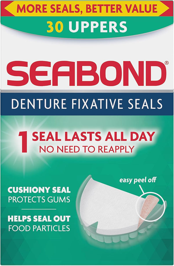 Denture Fixative Seals, Soft Adhesive Cushion, Last All Day, Protect Gums & Help Seal Out Food Particles, 30 Uppers