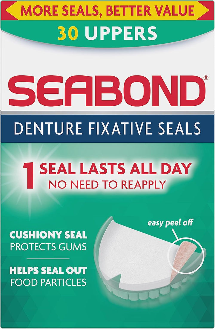 Denture Fixative Seals, Soft Adhesive Cushion, Last All Day, Protect Gums & Help Seal Out Food Particles, 30 Uppers