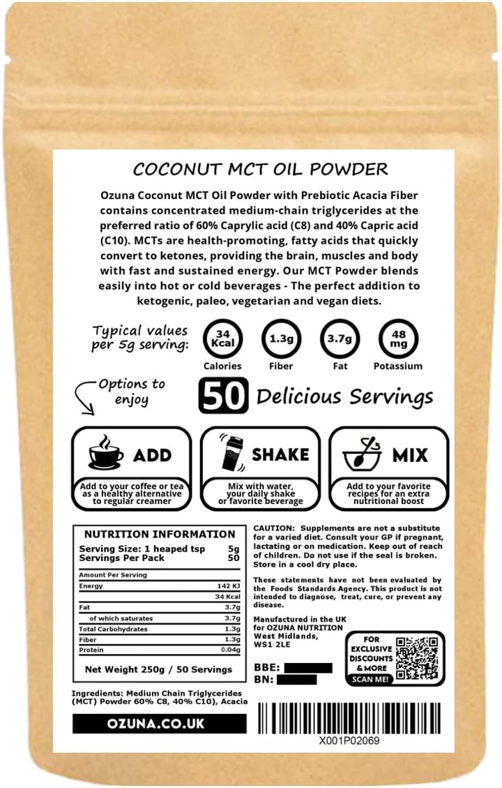 MCT Oil C8 & C10 Powder, Coconut Medium Chain Triglycerides for Sustained Clean Energy, Ketogenic Non Dairy Coffee Creamer, Suitable for Keto, Helps Boost Ketones | 50 Servings