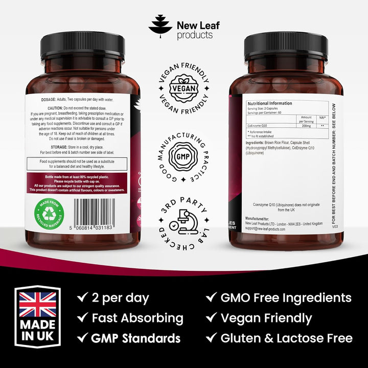 Coq10 Supplement 200Mg - Co Enzyme CQ10 120 Vegan Capsules 100% Pure and Naturally Fermented Ubiquinone Q10 High Strength Ubiquinone Coenzyme Q10 Coenzyme Coq10 Supplement UK Made Ubiquinol